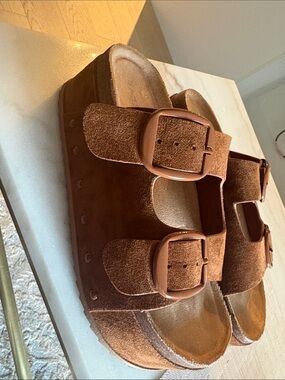 BAMBOO Brown Suede Double Buckle Platform Sandals